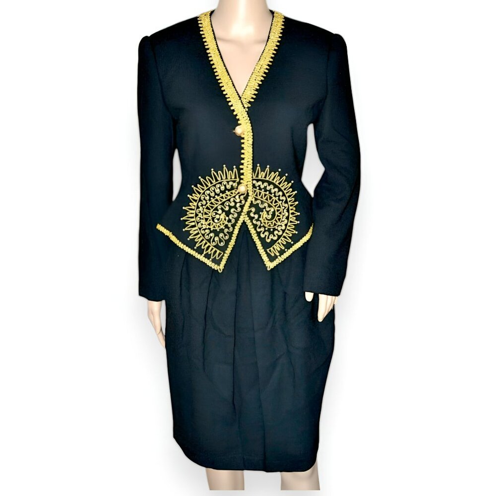Vintage 80s Designer Black Gold Pearl Embroidere Peplum Blazer Skirt Suit M 8